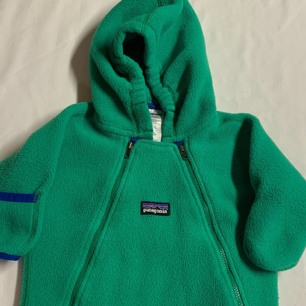 PATAGONIA BABY FLEECE BUNTING 3 MONTHS GREEN BLUE  HOODED